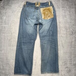 Coogi Jeans Mens 32x32 Blue Vintage Y2K Baggy Distressed Virgin Mary Embroidered